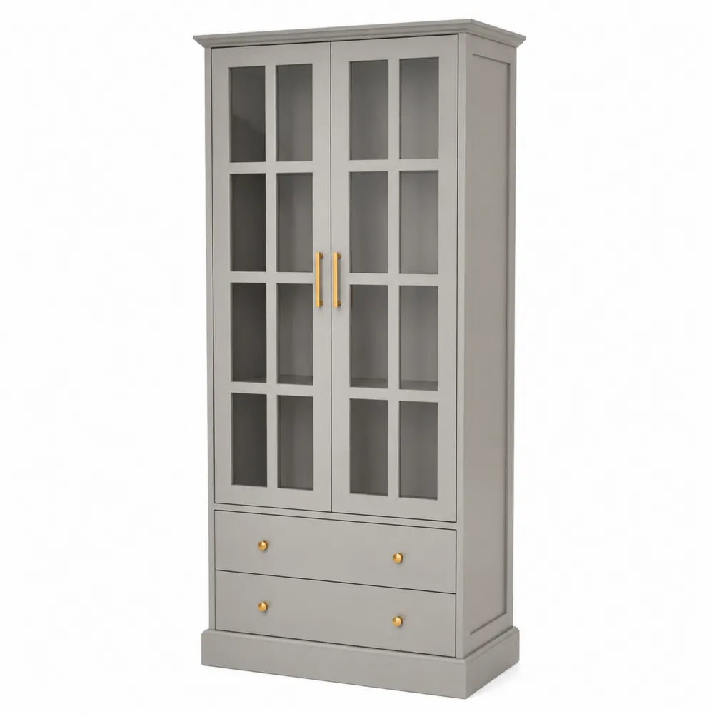 Bibliothèque en Bois avec Portes en Verre Gris et Poignées Dorées 200x90x40cm