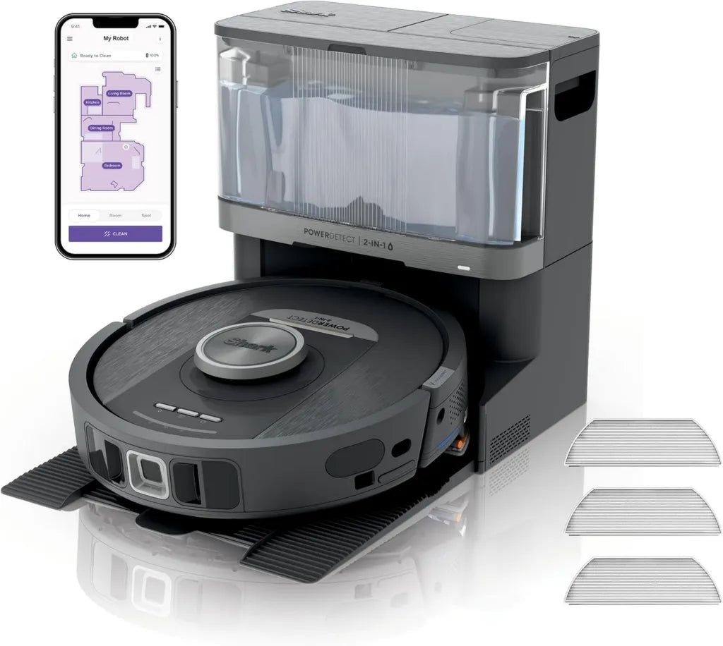 Aspirateur Robot Shark avec Base Autovidante et Nettoyage Intelligent, Navigation 3D LiDAR, Wi-Fi, App, Accessoires Antimicrobiens Inclus, Noir