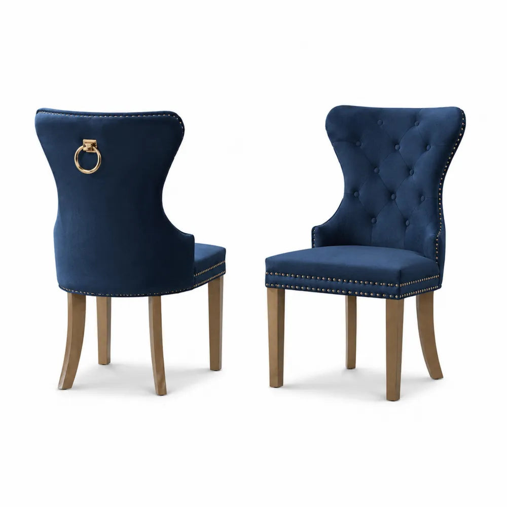 Chaises de salle à manger en velours bleu avec pieds en bois