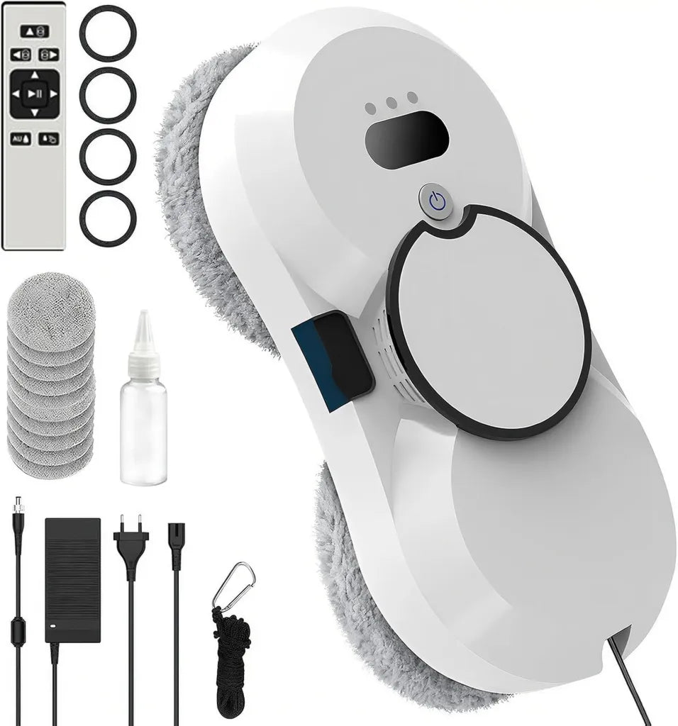Robot Nettoyeur de Vitres Automatique PZCC, Rechargeable avec Pulvérisation Intelligente, 10 Chiffons Inclus, Utilisable sur Fenêtres, Sols et Miroirs (Blanc)