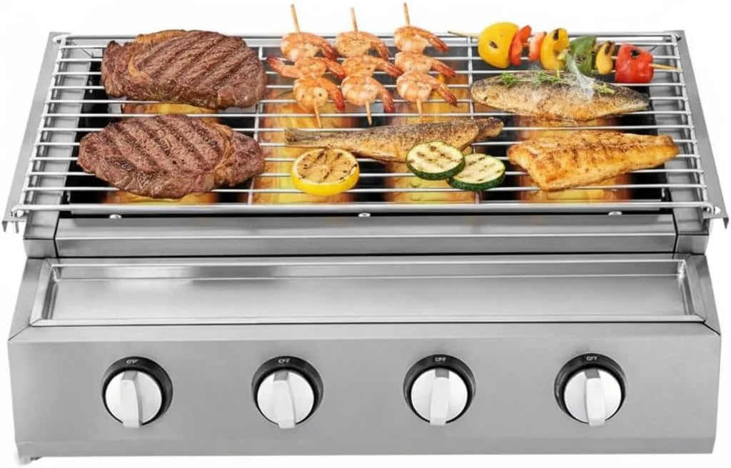 Grill à Gaz Extérieur en Acier Inoxydable avec 4 Brûleurs, Surface de Cuisson Ajustable 55x23 cm, Parfait pour Terrasses et Jardins (Argent)