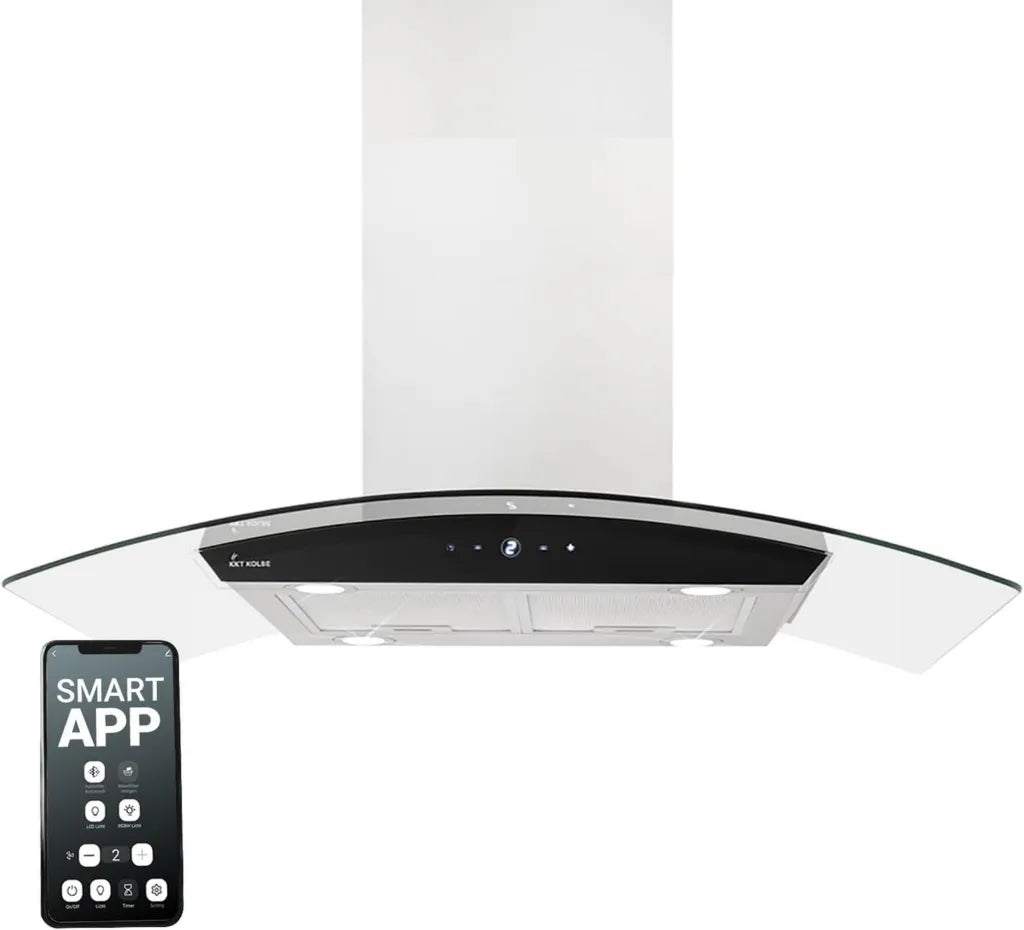 Hotte îlot 90 cm en acier inoxydable et verre noir avec WiFi et arrêt automatique