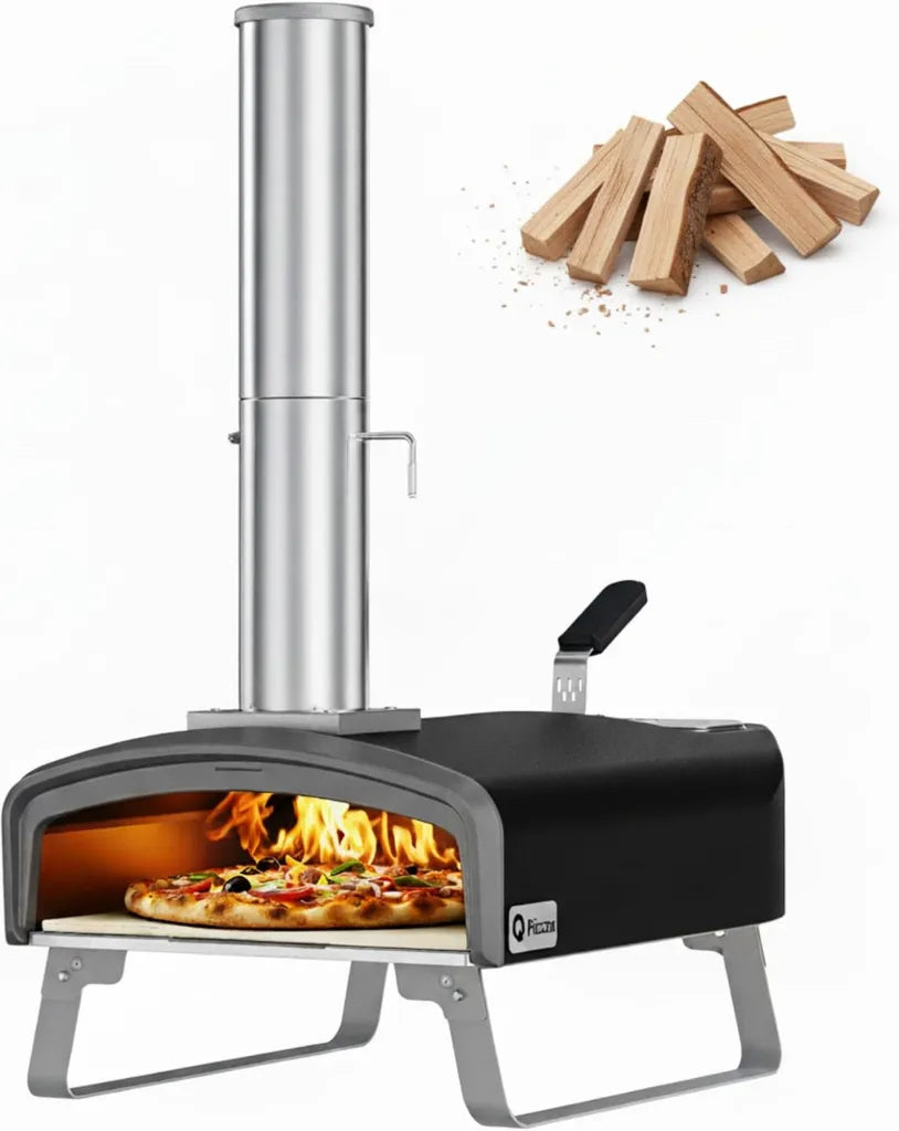 Four à pizza portable extérieur en bois et charbon avec plaque en pierre, compatibilité double combustible