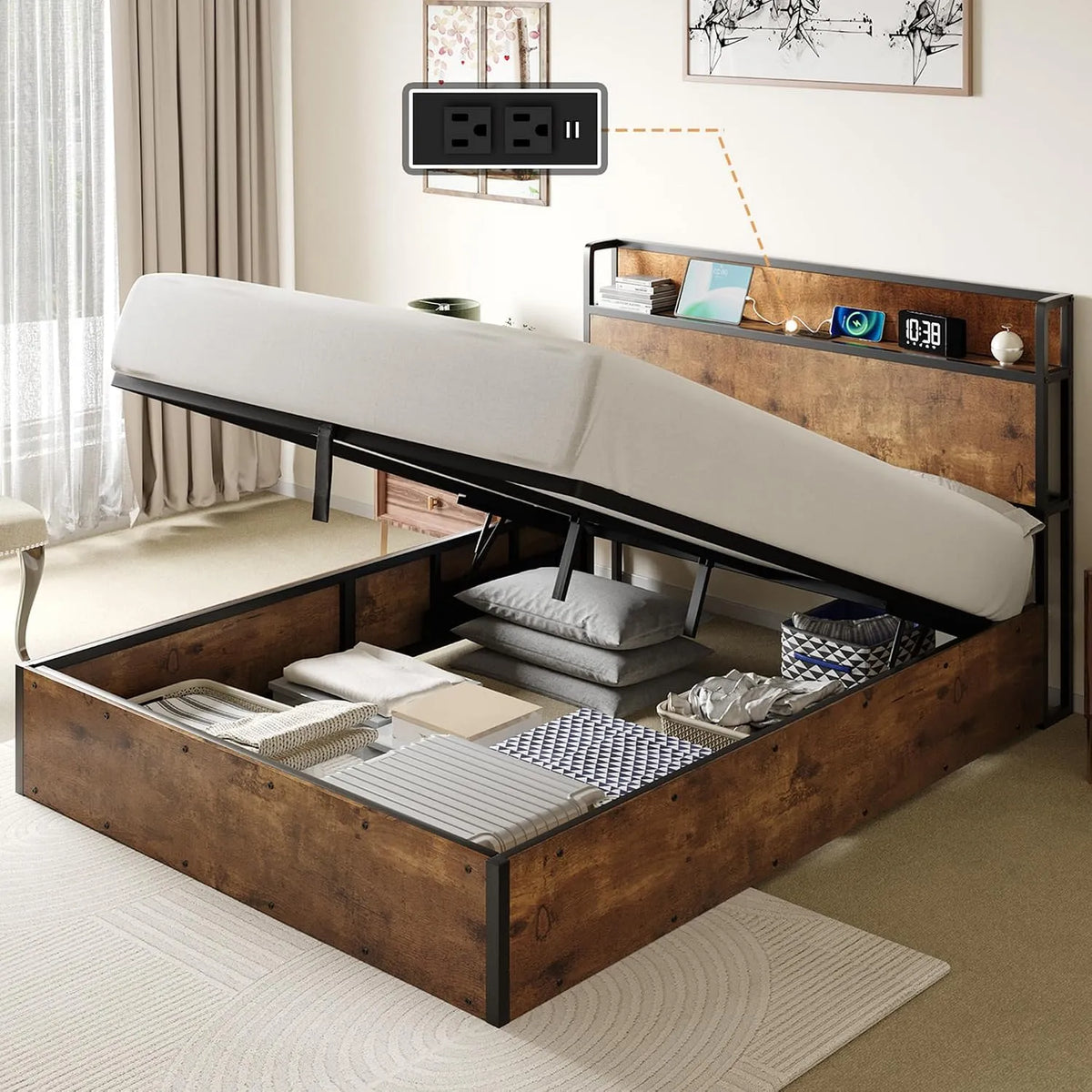 Lit Coffre 160 x 200 cm avec Système de Levage – en bois, fonctionnement silencieux, avec rangement, 160 × 200 cm, marron