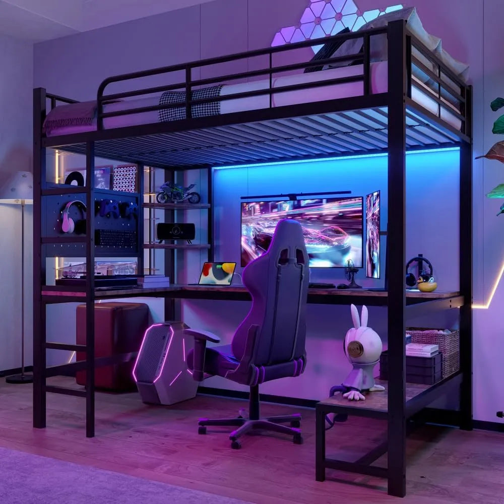 Lit superposé et lit mezzanine – pour enfant, avec étagères, avec bureau, avec port USB, 1 Place, 90 × 200 cm, noir, avec éclairage LED