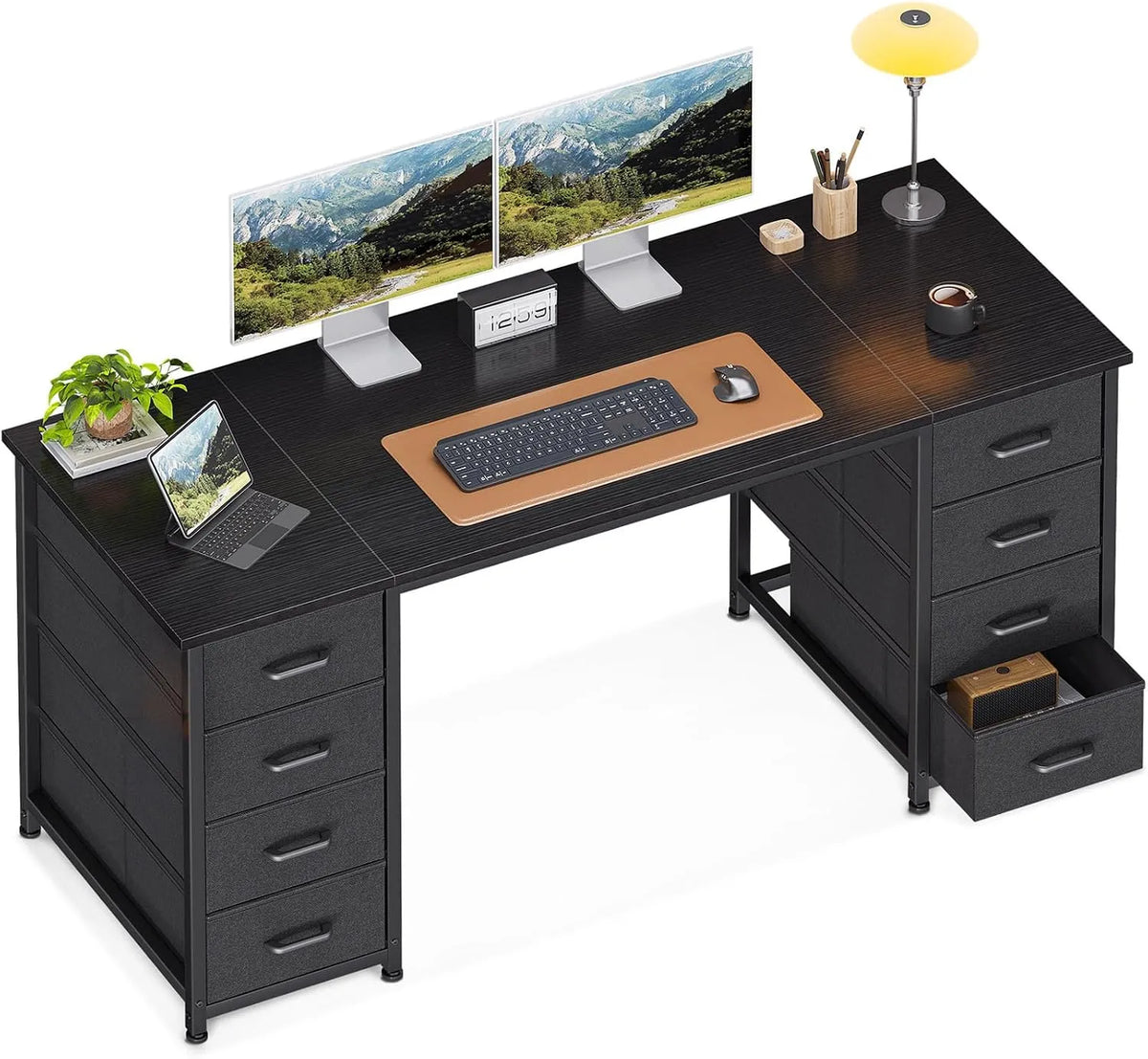 Bureau et table informatique: revêtement en tissu, avec rangement, avec tiroirs, 8 Tiroirs, 140 × 48cm, noir