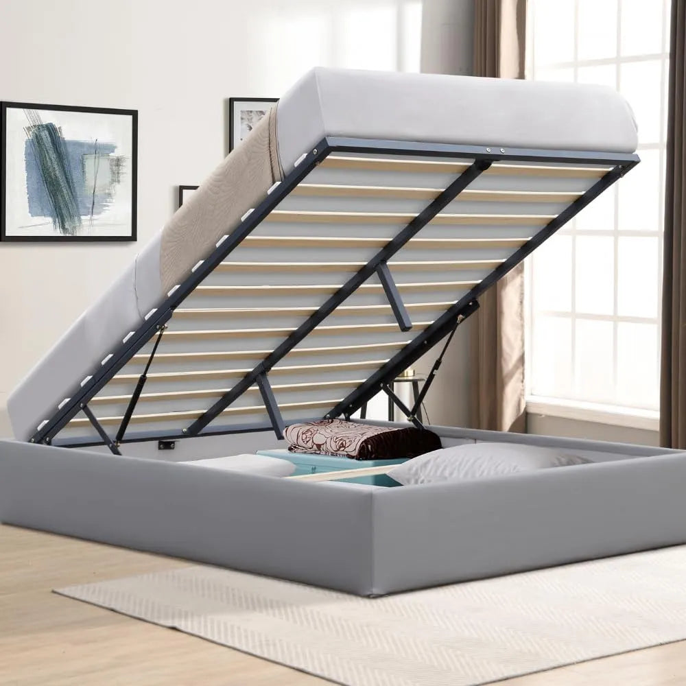 King of Dreams Solide Lit Coffre Gris + Pieds pour — PVC, 160 × 200 cm, revêtement en tissu