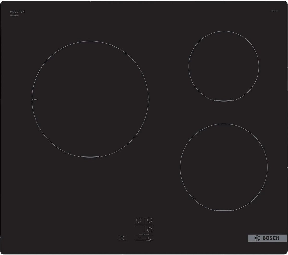 Bosch PUC611AA5E Plaque à induction, 60 cm, table de cuisson à induction, Boost, noir, PowerBoost, Série 2, 3 foyers, Quick Start