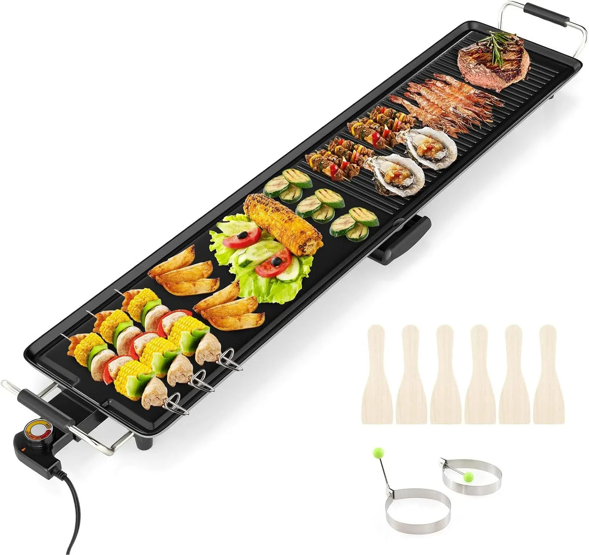 XXL 1800W Barbecue, Plancha, 100 X 22 CM, 1800 W, thermostat, revêtement antiadhésif, 2 zones de température, pour 10-12 Personnes, SOARS