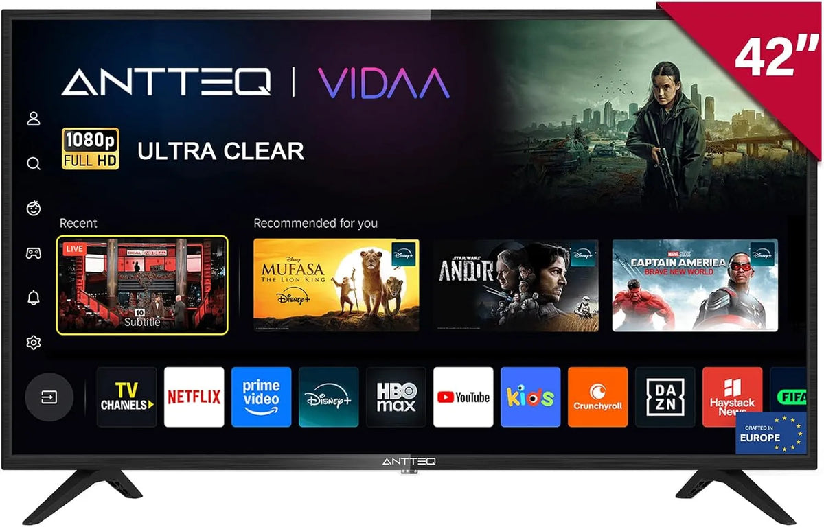 Smart TV, 42 pouces, téléviseur, Antteq AV42F3, son Dolby, Wi-Fi, DVB-T2, Dolby Audio, 106 cm, WiFi, Prime Video, Molotov TV, Disney+, Youtube