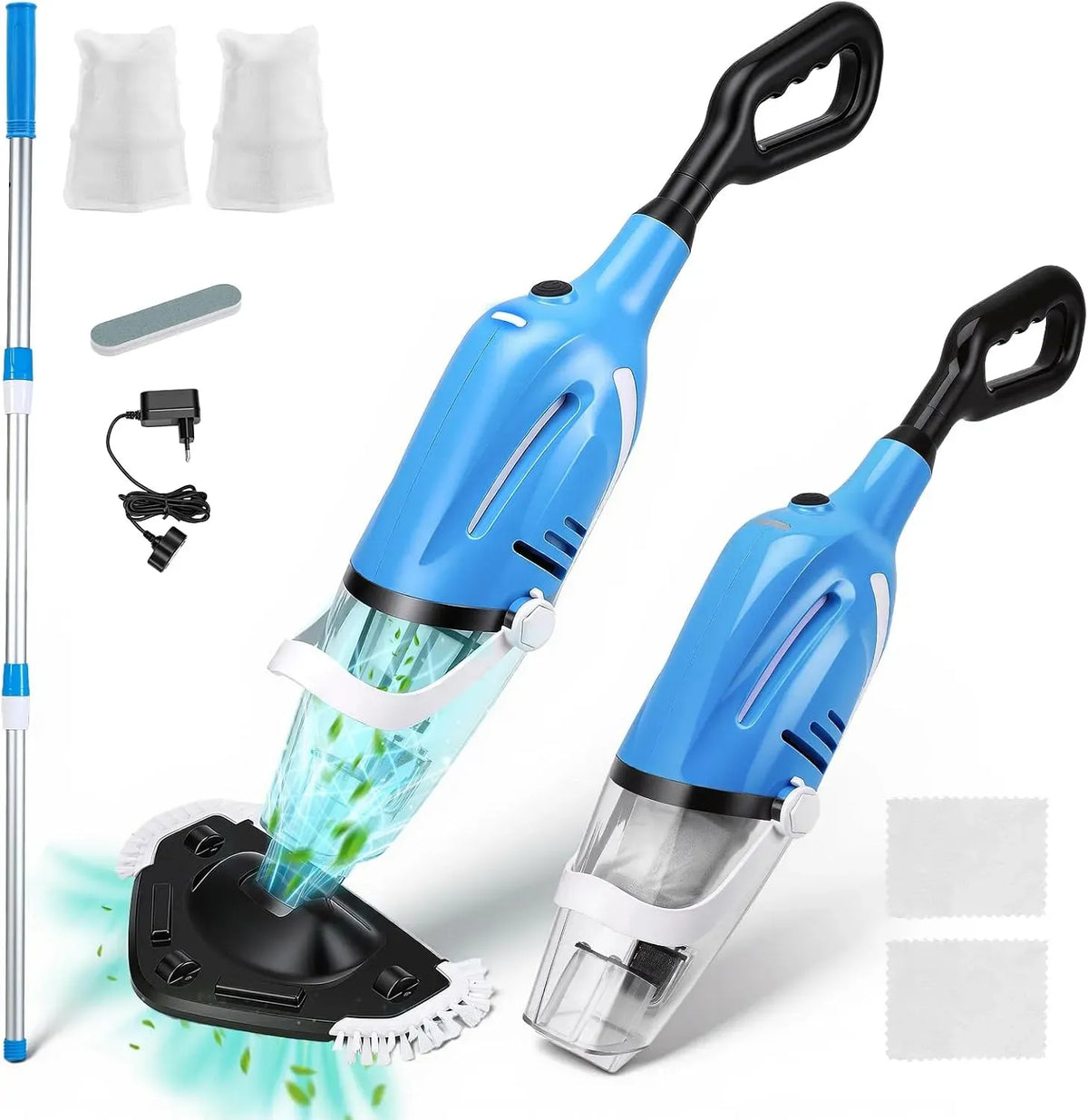 Aspirateur 40L/Min, 199cm, 2 Têtes & 2 Sacs Filtrants Forte Aspiration pour Piscines, Perche Télescopique 131–199cm