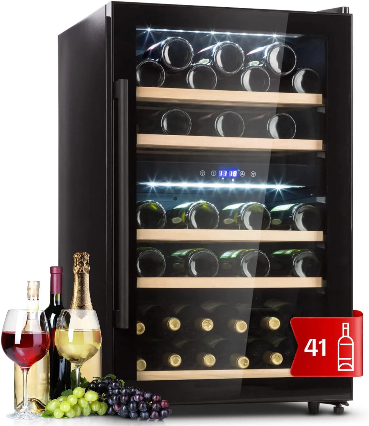 Klarstein Cave à vin électrique, 41 bouteilles, 5 à 18 °C, tactile, écran LCD, amovible, noir, porte en verre, éclairage intérieur