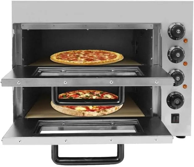 Four électrique à pizza, 20 L, 3000 W, 50 à 350 °C, minuteur, 2 zones de température, acier inoxydable, argenté, 2 étages, minuterie 1 à 60 min