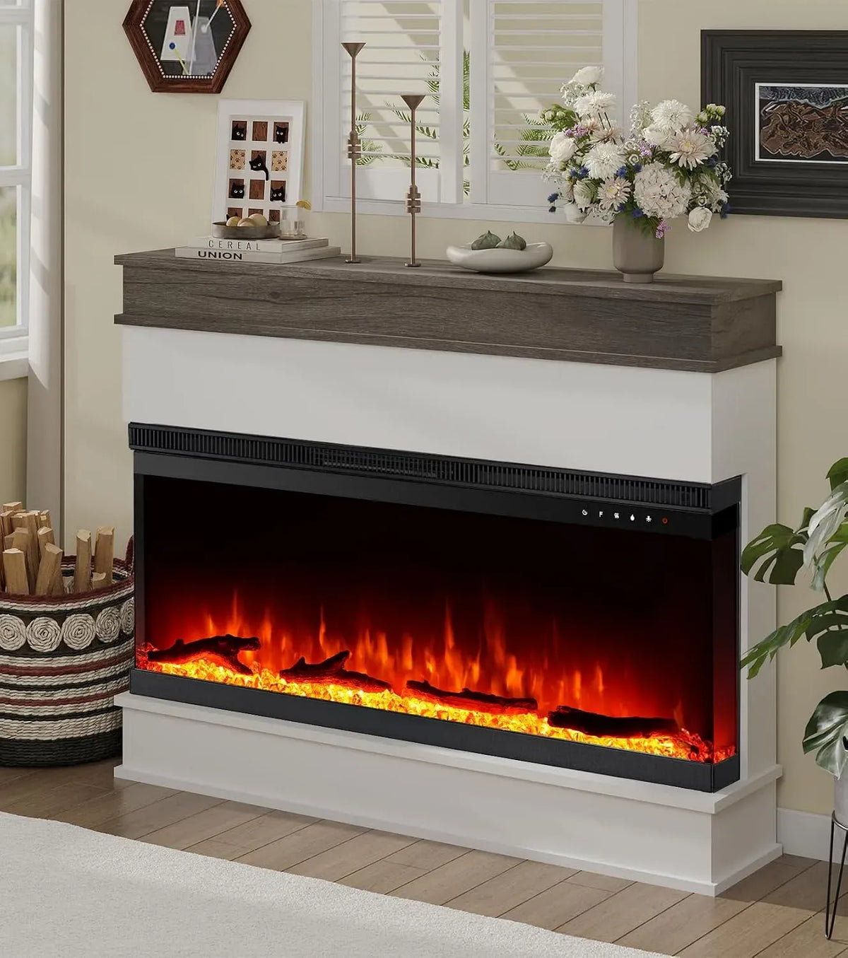Radiateur électrique, 50 pouces, 900 W, encastrable, blanc, Effet Flamme en 12 Couleurs, Haus Cheminée électrique encastrable 3 côtés