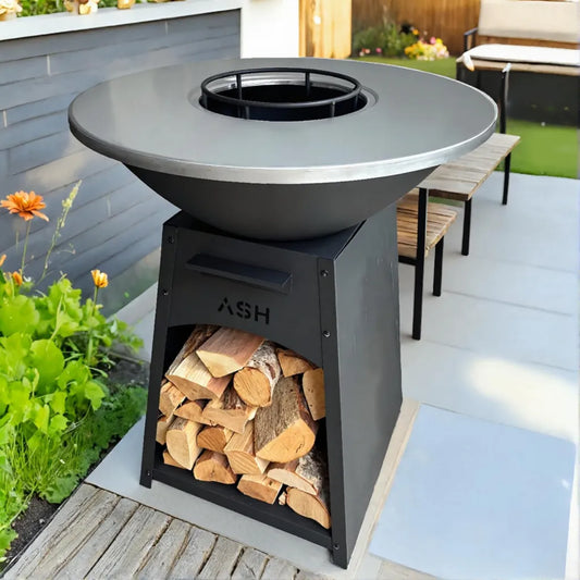 Brasero de Luxe Extérieur avec Rangement Bois et Plancha Intégrée