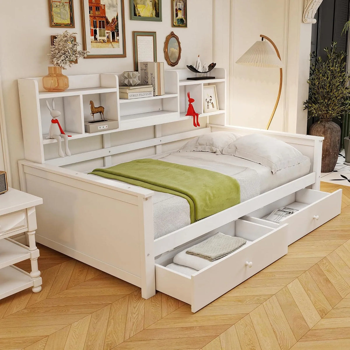Canapé convertible et canapé-lit – pour enfant, en bois, avec rangement, avec tiroirs, 2 tiroirs, 90 × 200 cm, blanc, avec étagères, en bois massif
