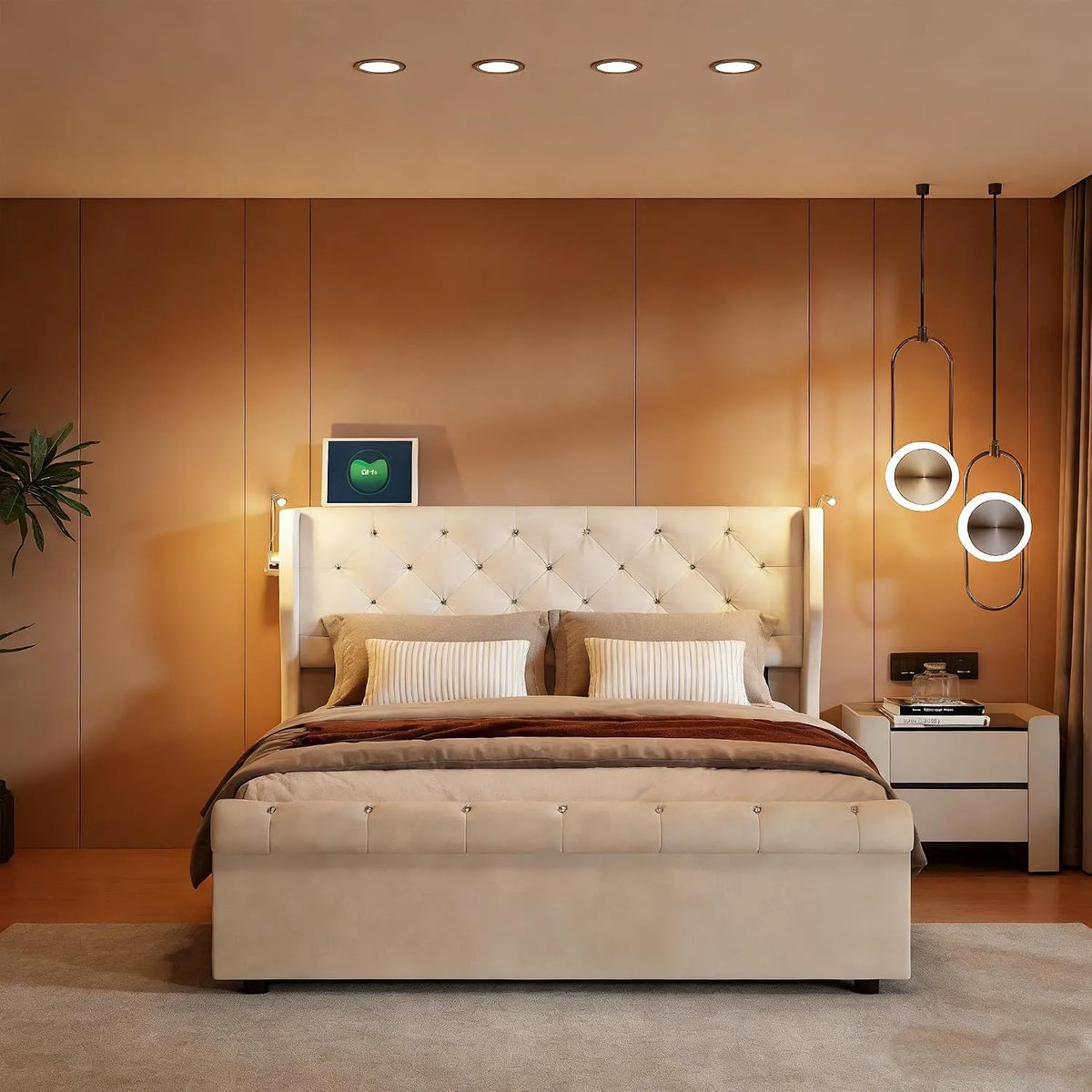 Lit rembourré et cadre de lit tapissé: avec rangement, avec port USB, 140 × 190 cm, beige, revêtement en velours, revêtement en tissu
