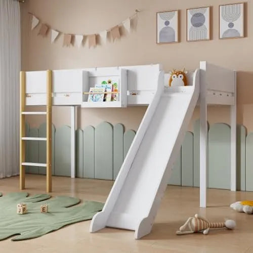 Merax Lit mezzanine pour enfant avec toboggan et échelle droite — MDF, angle droit, avec échelle, 90 × 200 cm, blanc