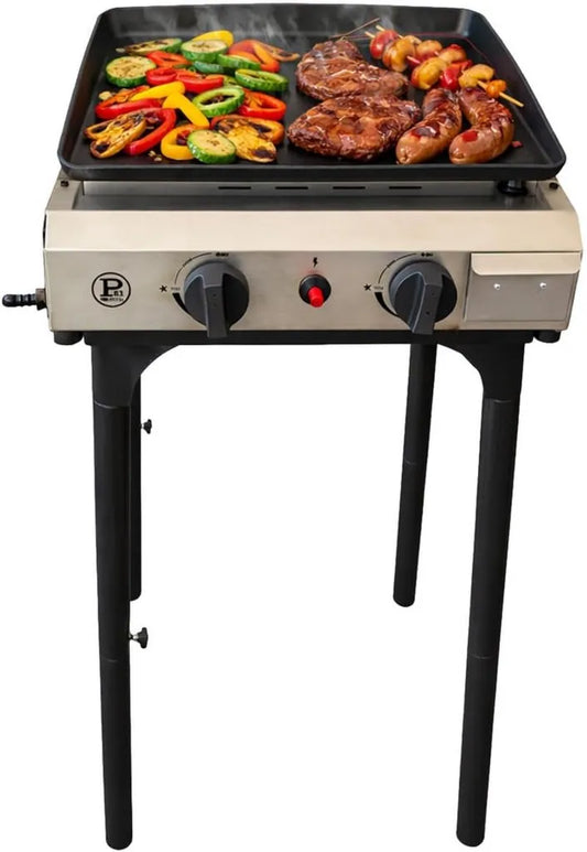 INTEC - Plancha à Gaz 4800W, 2 Brûleurs, Allumage Piézo, Hauteur Ajustable - Plaque Céramique pour Cuisine Extérieure au Butane/Propane