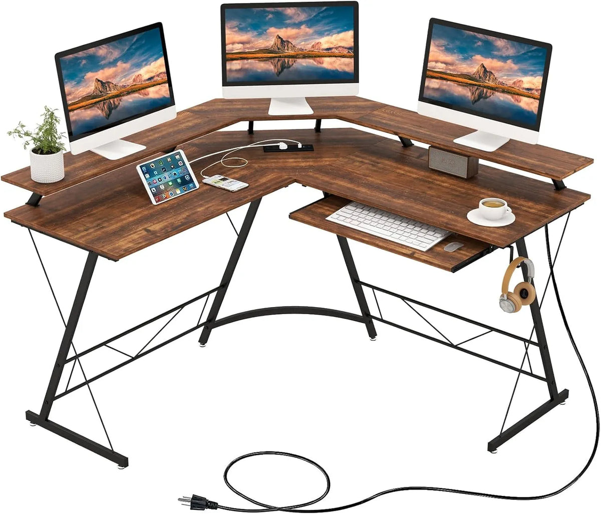 COSTWAY Bureau et table informatique: avec port USB, 130 × 130 cm, marron