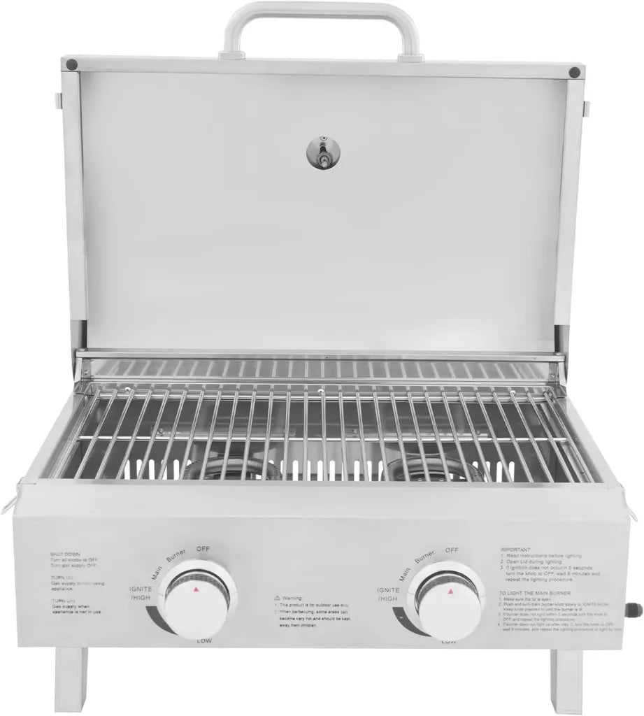 Grill à Gaz en Acier Inoxydable Portable - 56x45x38 cm - Régulateur, 2 Brûleurs, Sac à Dos, Outil Multifonction pour Balcon, Terrasse, Jardin