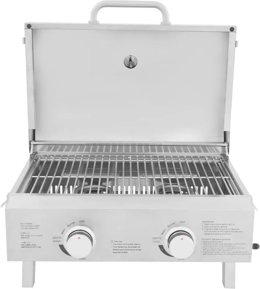 Grill à Gaz en Acier Inoxydable Portable - 56x45x38 cm - Régulateur, 2 Brûleurs, Sac à Dos, Outil Multifonction pour Balcon, Terrasse, Jardin