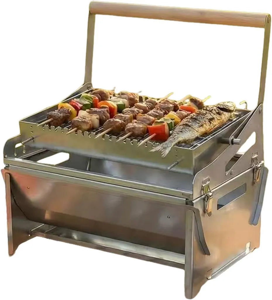 Gril Rotatif Portable en Acier Inoxydable pour Camping et Jardin