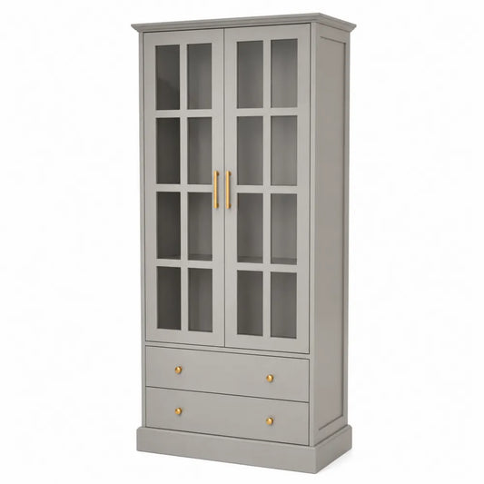 Bibliothèque en Bois avec Portes en Verre Gris et Poignées Dorées 200x90x40cm