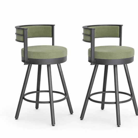 Tabourets de bar en métal avec assise en tissu vert, lot de 2