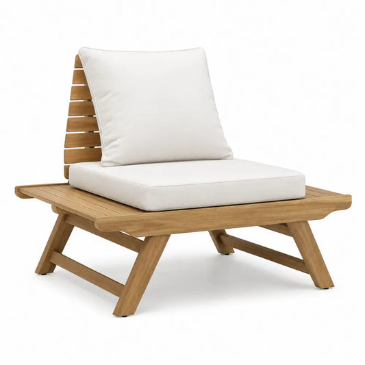 Chaise de détente extérieure en bois de teck avec coussins en polyester blanc