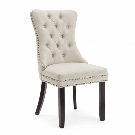 Chaise en bois et tissu beige avec dossier capitonné