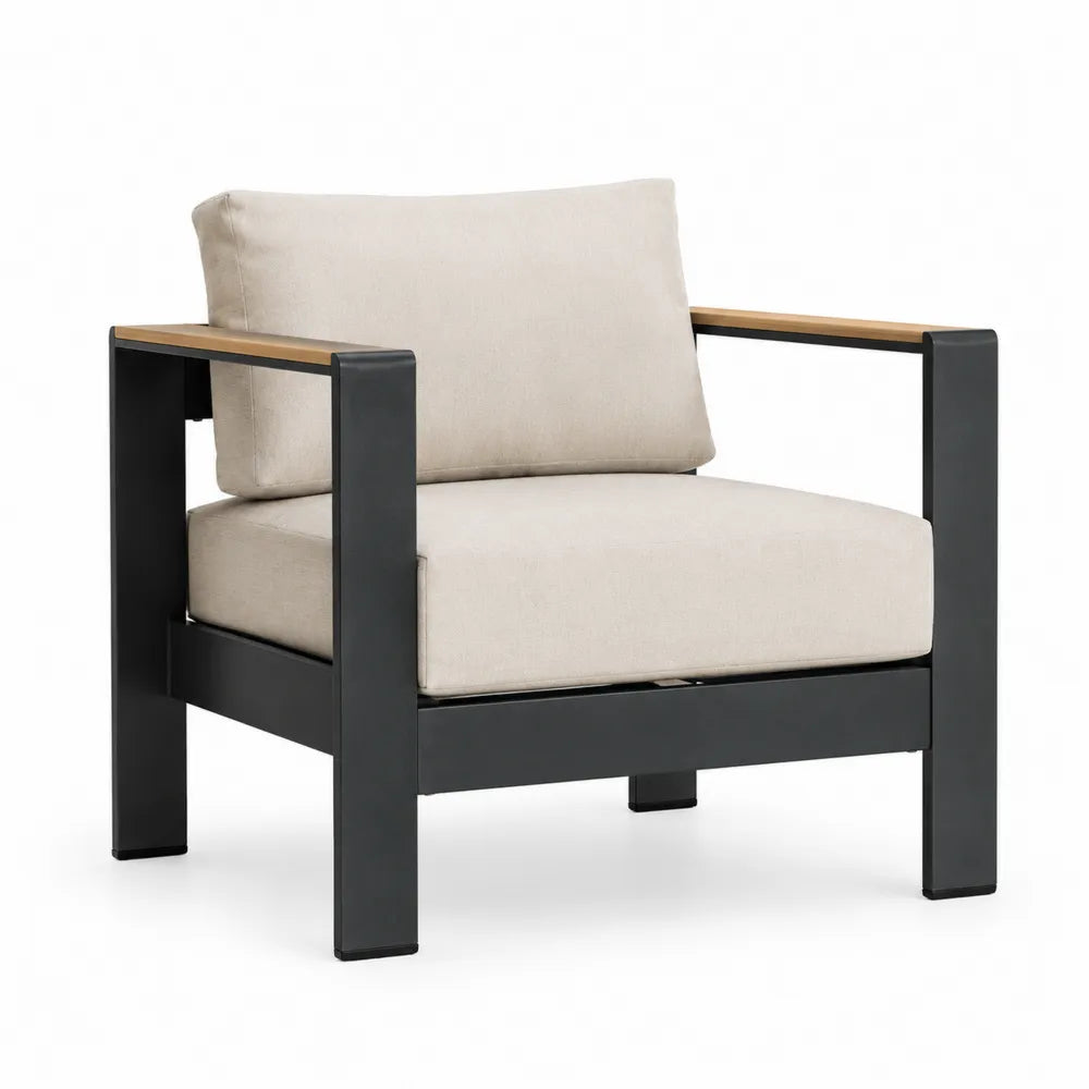 Fauteuil de jardin en aluminium noir avec coussin en tissu beige
