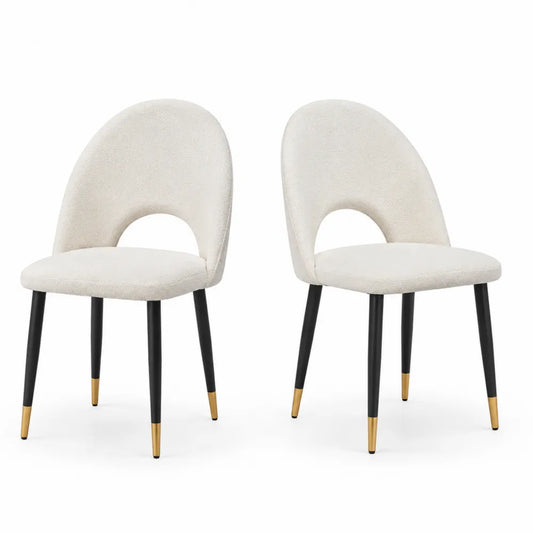 Ensemble de 2 chaises en tissu blanc avec structure en métal noir et pieds dorés