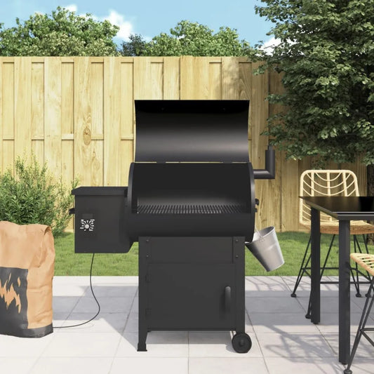 Barbecue à granulés 6-en-1 en acier noir avec cheminée, idéal pour jardin et camping