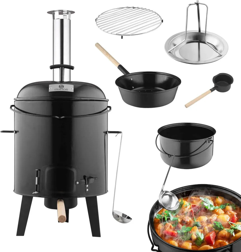 Barbecue à Charbon avec Marmite Émaillée 19L - Idéal pour Camping et Cuisine Extérieure
