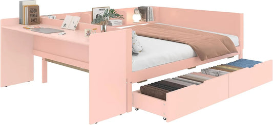 Bureau: en bois, avec tiroirs, avec Bibliothèque et étagère de rangements, avec bureau, 2 tiroirs, 140 × 200 cm, rose, avec étagères