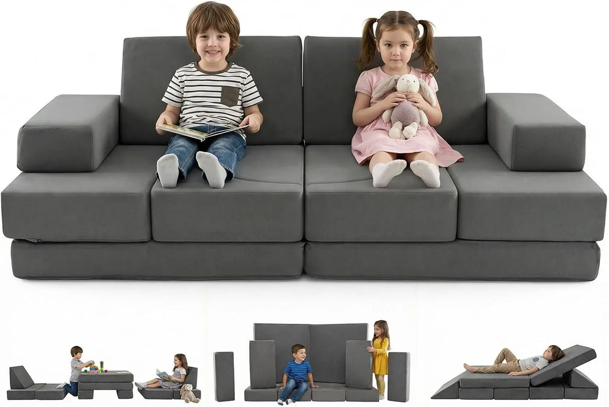 COSTWAY 12PCS Canapé modulaire — pour enfant, lavable, fermeture zippée, convertible, 12 pièces, 2 Places, revêtement en velours