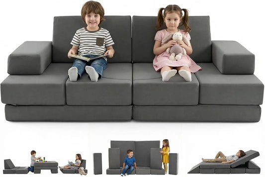 COSTWAY 12PCS Canapé modulaire — pour enfant, lavable, fermeture zippée, convertible, 12 pièces, 2 Places, revêtement en velours