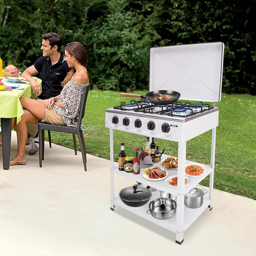Cuisinière à gaz portable 5 brûleurs avec support antidérapant pour extérieur et camping, puissance 2,5 kW
