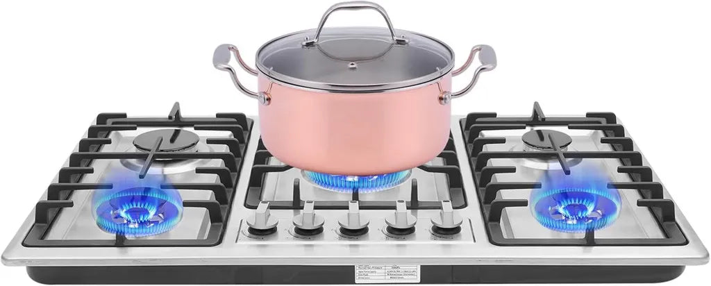 Plaque de Cuisson Gaz 5 Feux avec Sécurité et Allumage Électronique, Inox Noir Haute Performance, Compatible Encastrable ou Pose Libre