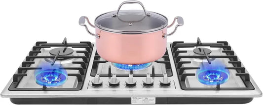 Plaque de Cuisson Gaz 5 Feux avec Sécurité et Allumage Électronique, Inox Noir Haute Performance, Compatible Encastrable ou Pose Libre