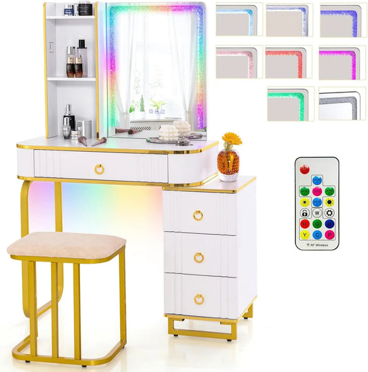 Coiffeuse et table de maquillage et Tabouret avec Miroir LED à 7 Couleurs: avec tiroirs, avec étagères, avec port USB, avec télécommande, 3 Étagères