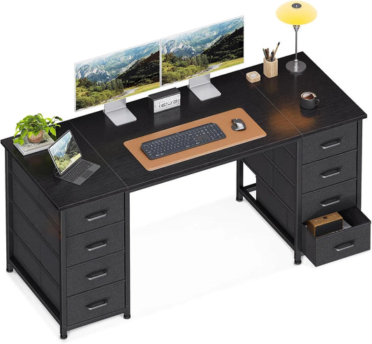 Bureau et table informatique: revêtement en tissu, avec rangement, avec tiroirs, 8 Tiroirs, 140 × 48cm, noir