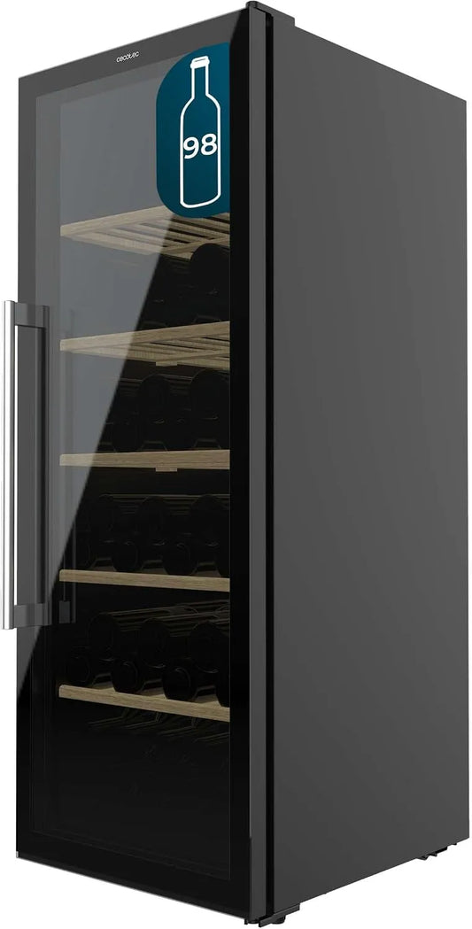 Cecotec Bolero GrandSommelier 98000 Cave à vin électrique, 201 L, 98 bouteilles, 41 dB, 2 zones de température, tactile, silencieux, noir, 128