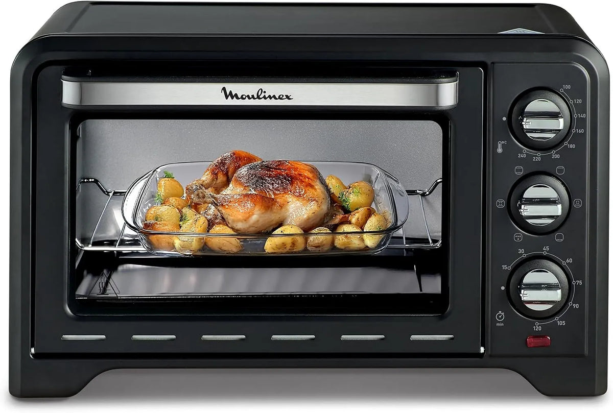 Moulinex Four électrique, 19 L, minuteur, gril, compact, thermostat, noir, 6 modes de cuisson, Minuterie 120 minutes, Mini four chaleur tournante pour