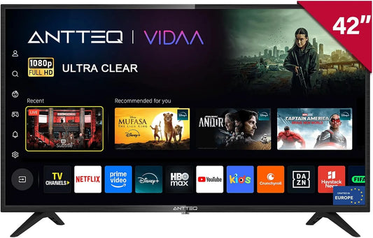 Smart TV, 42 pouces, téléviseur, Antteq AV42F3, son Dolby, Wi-Fi, DVB-T2, Dolby Audio, 106 cm, WiFi, Prime Video, Molotov TV, Disney+, Youtube