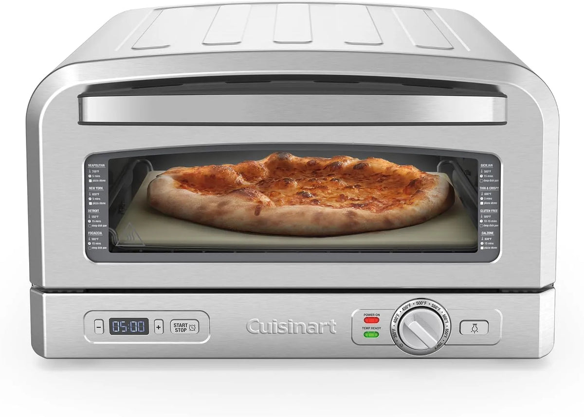 Four électrique à pizza, intérieur céramique, Temps et température réglables jusqu'à 400°C, Goût de pizza au feu de bois, Prêt en 5 minutes, couteau