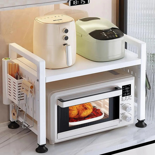 Micro-ondes, Comptoir peu encombrant, Étagère d'angle extensible à 2 niveaux pour four à micro-ondes avec 6 crochets pour friteuse à air chaud et four