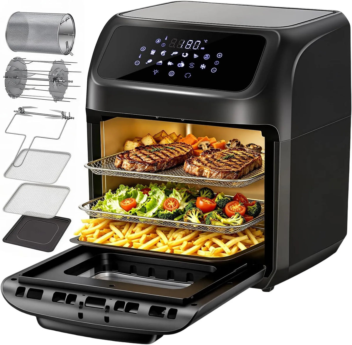 Four électrique, 12 L, 1800 W, 12 programmes, compact, LLIVEKIT 12L Friteuse à Air Chaud, 7 Sortes d'Accessoires, Barbecue, 12 Fonctions, Mini Four