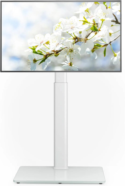 Meuble TV, 65 pouces, 400x400mm, blanc, Support TV sur Pied avec pivotement à 70 degrés